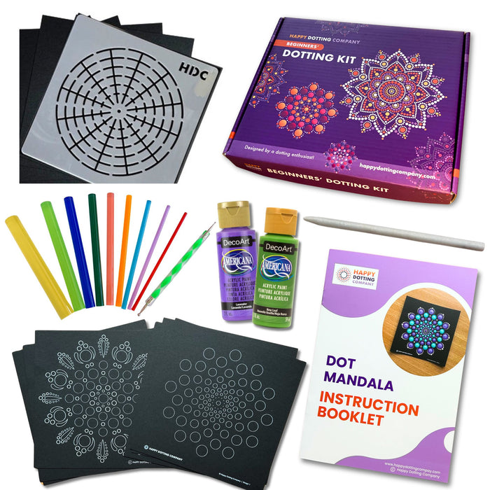Beginner Dotting Kit - ideal to learn beautiful mandala dot art - 10pc dotting tools, stencil, guide and 2 bottles of Decoart paint