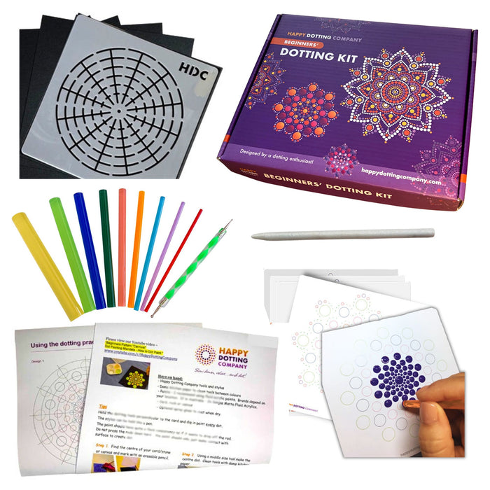 Beginner Dotting Kit - ideal to learn beautiful mandala dot art - 10pc dotting tools, stencil, guide and more.