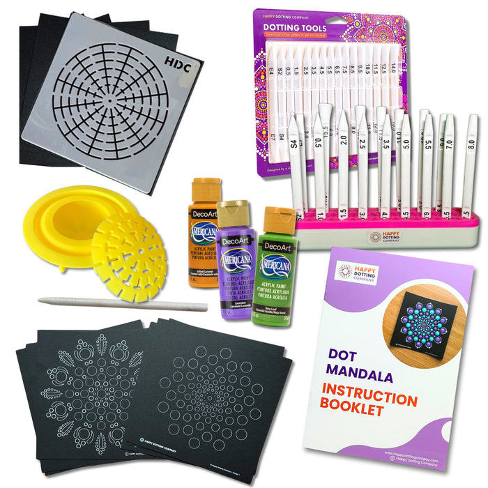 Deluxe Beginner Dotting Kit - ideal to learn beautiful mandala dot art - 16pc dotting tools, holder, stencil, guide and 3 bottles of Decoart paint