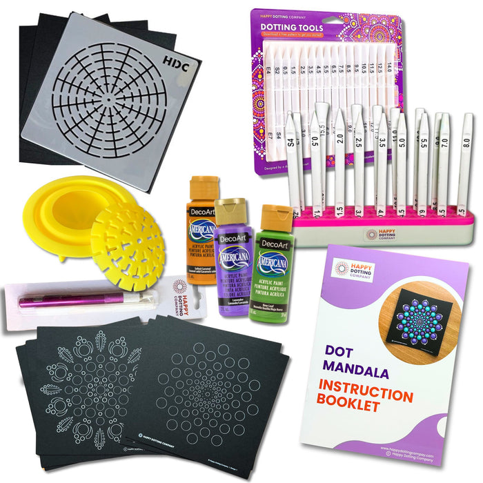 Deluxe Beginner Dotting Kit - ideal to learn beautiful mandala dot art - 16pc dotting tools, holder, stencil, guide and 3 bottles of Decoart paint